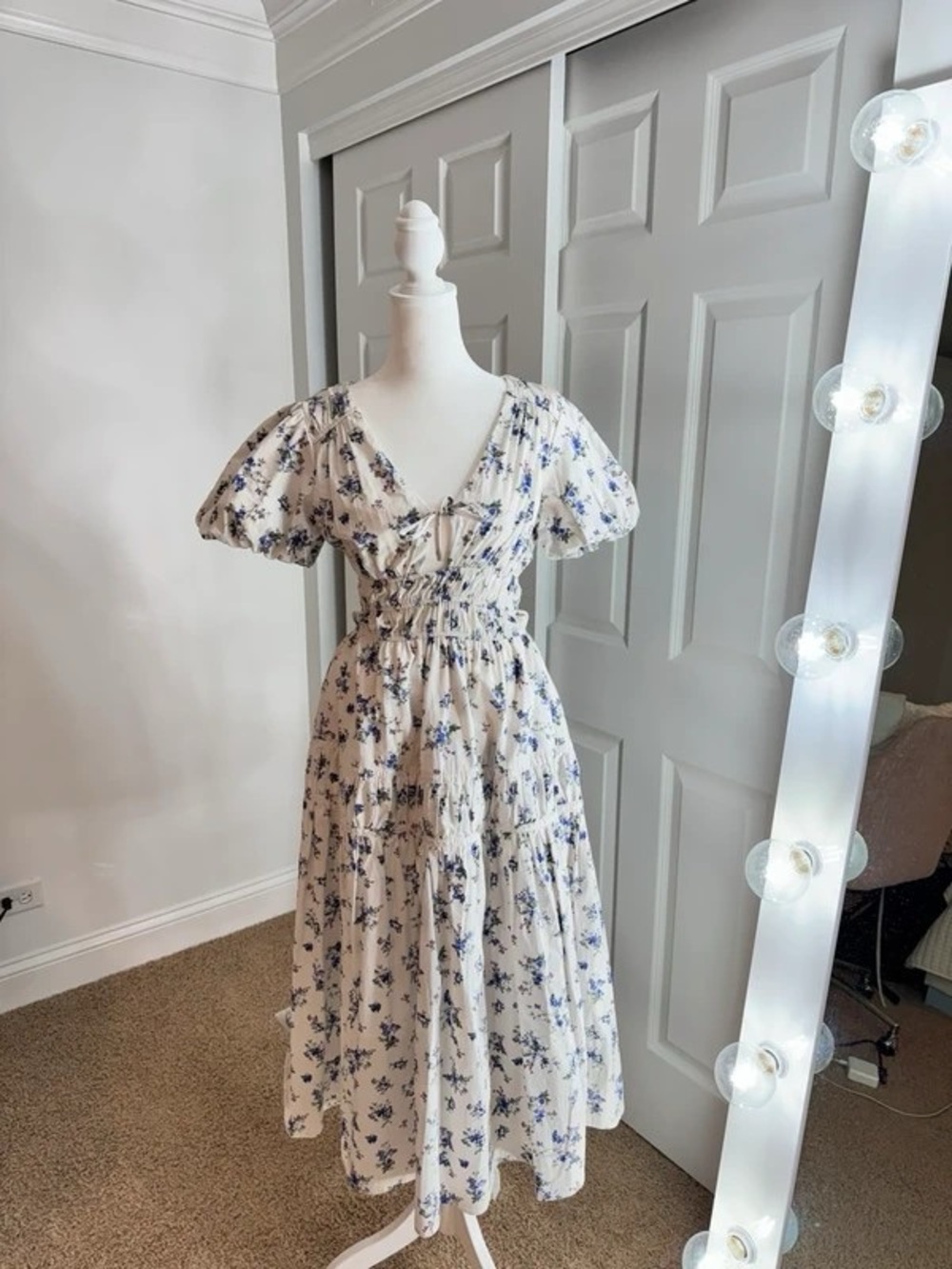 Cream Maxi Dress with Blue Floral Print and Tie-Front
